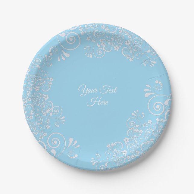 Romantic Light Blue and White Flourishes Custom  Paper Plate (Front)