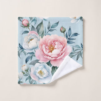 Romantic Light Blue Pink Peony Floral  Wash Cloth