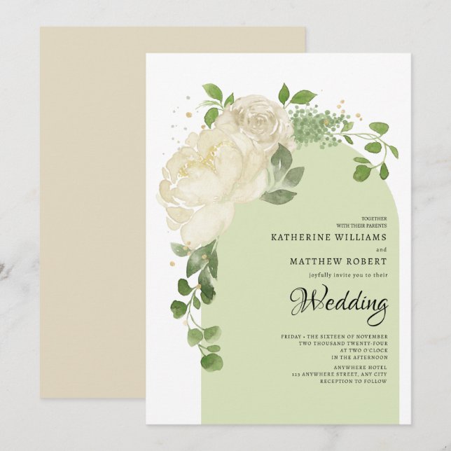 Romantic Light Green Cream Roses Boho Floral Arch Invitation (Front/Back)