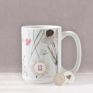 Romantic Light Wildflower Monogram Pink Green Coffee Mug
