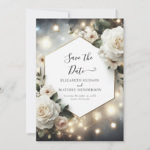 Romantic Lights White Roses Wedding Save The Date