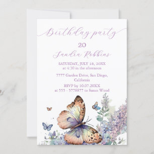 Romantic lilac and butterfly Birthday Invitation