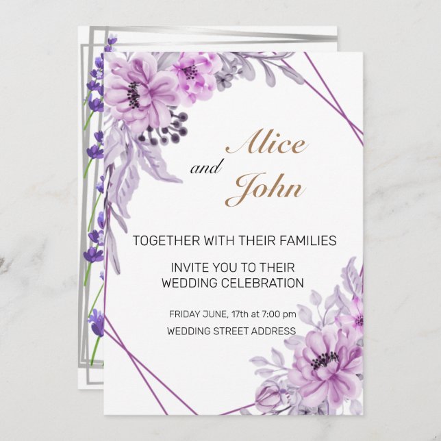  Romantic Lilac and  Purple Lavender Wedding Invitation (Front/Back)
