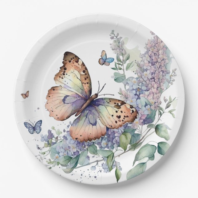 Romantic lilac flowers and butterfly  paper plate (Front)