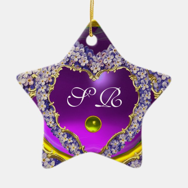 ROMANTIC LILAC HEART STAR PHOTO TEMPLATE MONOGRAM CERAMIC ORNAMENT (Front)