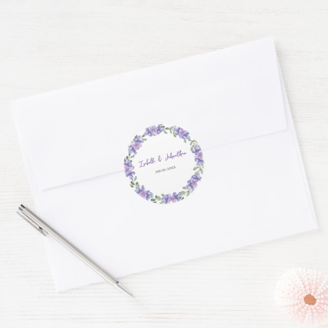 Romantic Lilac Hydrangea Blossoms Wreath Wedding Classic Round Sticker (Envelope)