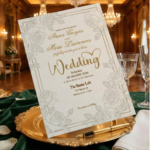 Romantic Line Art Rose Faux Gold Foil Wedding  Invitation