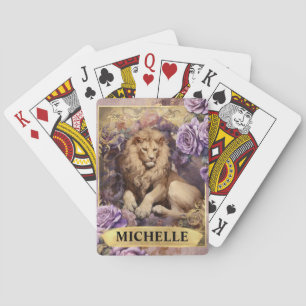 Romantic Lion and Purple Roses Fantasy Playing Cards