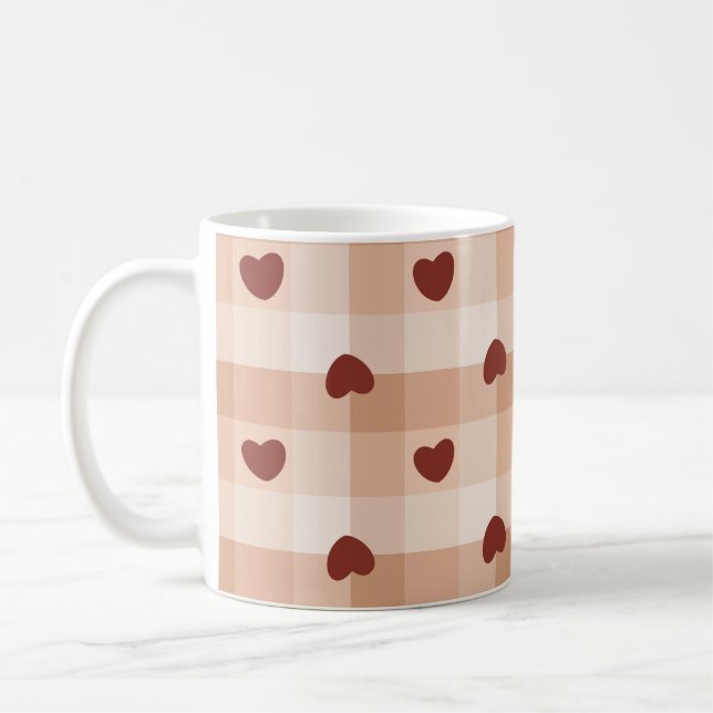 Romantic little hearts and brown gingham checks coffee mug (Left)