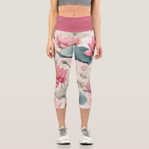 Romantic Lotus in Pink, Cream, and Soft Green Capri Leggings