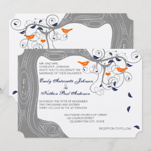 Romantic Love Bird Tree Orange Navy Wedding Invitation
