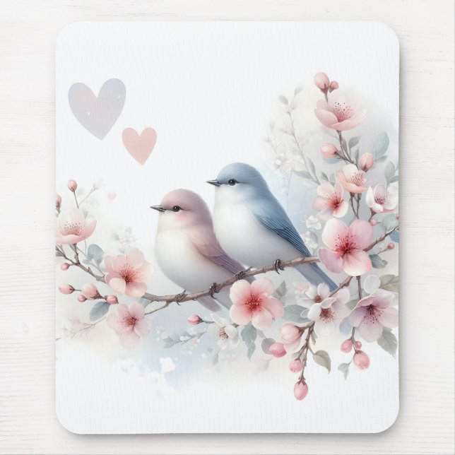 Romantic Love Birds Cherry Blossom Branch Mouse Pad (Front)