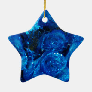 Romantic Love Blue Glitter Glamour Roses Ceramic Ornament