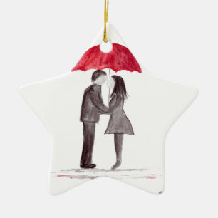 Romantic love couple with red umbrella watercolor ceramic ornament