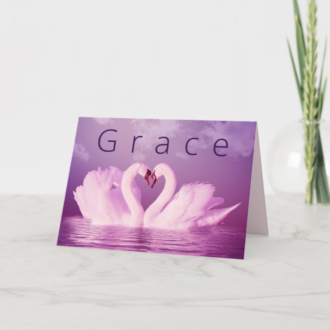 Romantic Love Grace Swans Purple Pink Personalized Holiday Card (Front)