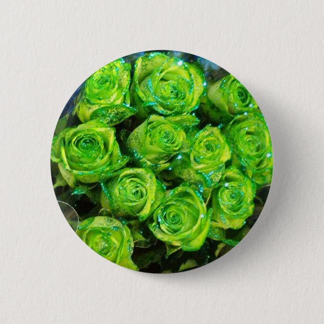 Romantic Love Green Valentine Glitter Roses 2 Inch Round Button (Front)
