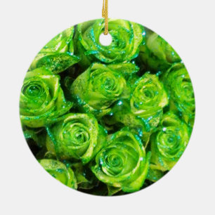 Romantic Love Green Valentine Glitter Roses Ceramic Ornament