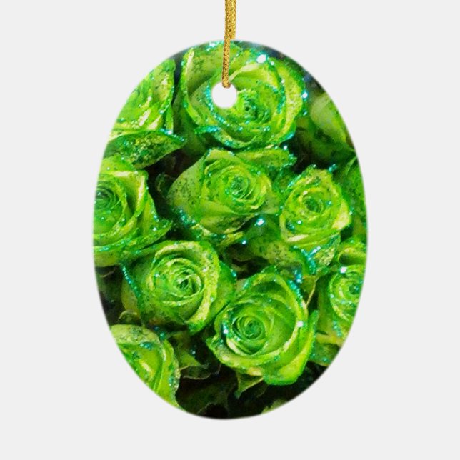 Romantic Love Green Valentine Glitter Roses Ceramic Ornament (Front)