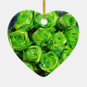Romantic Love Green Valentine Glitter Roses Ceramic Ornament