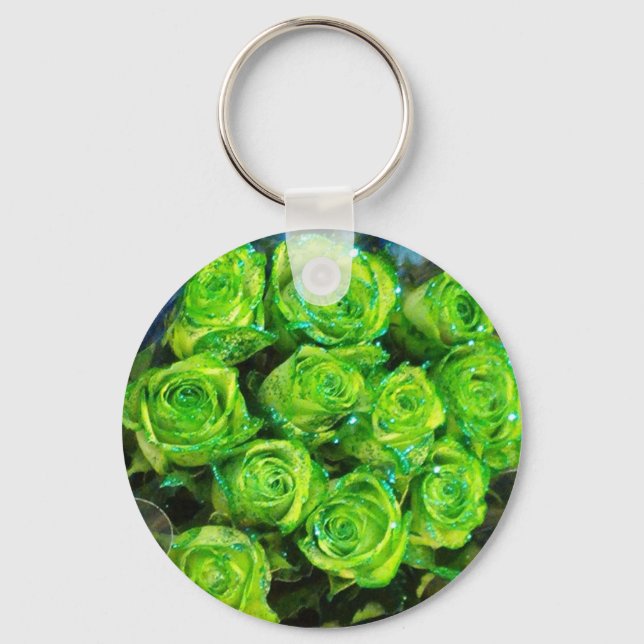 Romantic Love Green Valentine Glitter Roses Keychain (Front)