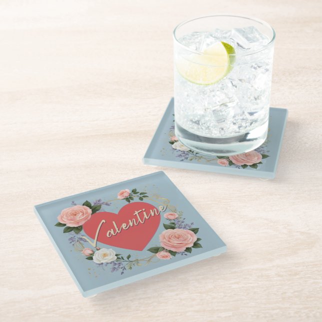 Romantic Love Heart Pink Roses Valentine's Day Glass Coaster (Angled)