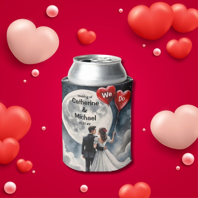 Romantic Love On Cloud Nine Fairytale Wedding Can Cooler (Front view bride groom red heart balloons celestial moon stars – On Cloud Nine Wedding Can Cooler)