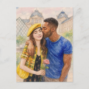Romantic Love Paris Man Woman Watercolor Postcard