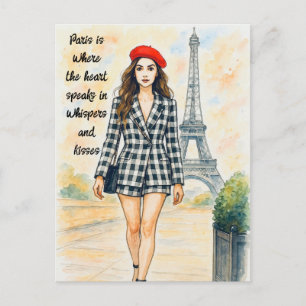 Romantic Love Paris Man Woman Watercolor Postcard