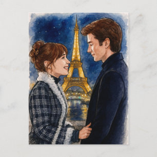 Romantic Love Paris Man Woman Watercolor Postcard