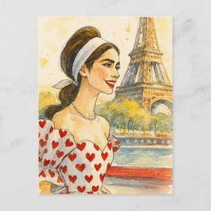 Romantic Love Paris Man Woman Watercolor Postcard