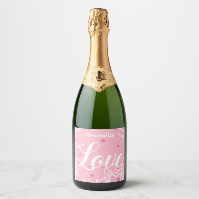 Romantic Love Pink Hearts Personalized Sparkling Wine Label (Front)