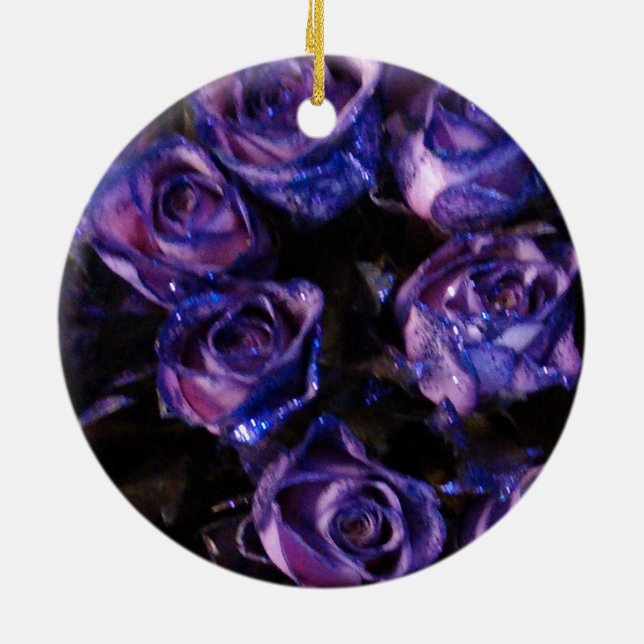 Romantic Love Purple Valentine Glitter Roses Ceramic Ornament (Back)