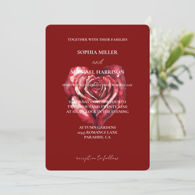 Romantic Love Red Rose Heart Flower Wedding Invitation (Standing Front)