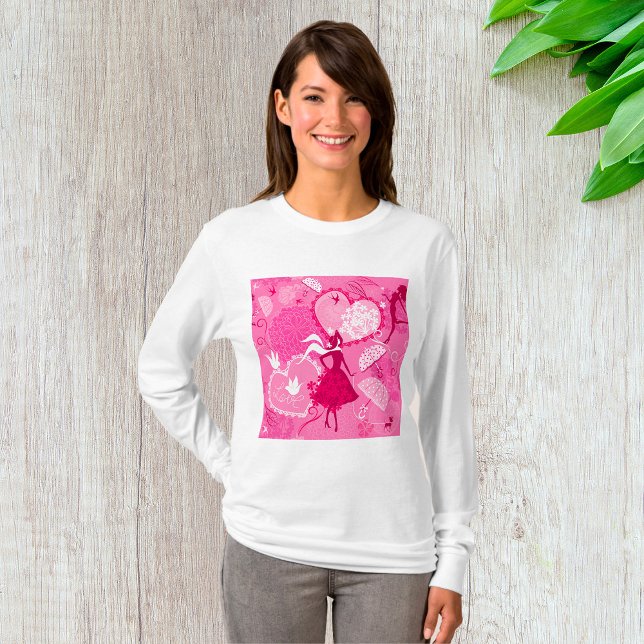 Romantic Love Silhouette Pattern Pink Hearts T-Shirt (Creator Uploaded)