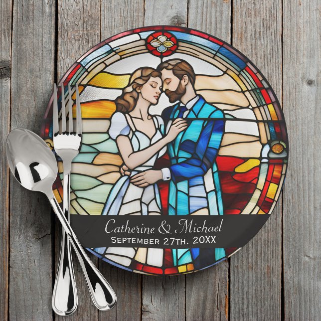 Romantic Love Stained Glass Style European Wedding Paper Plate (Creator Uploaded)