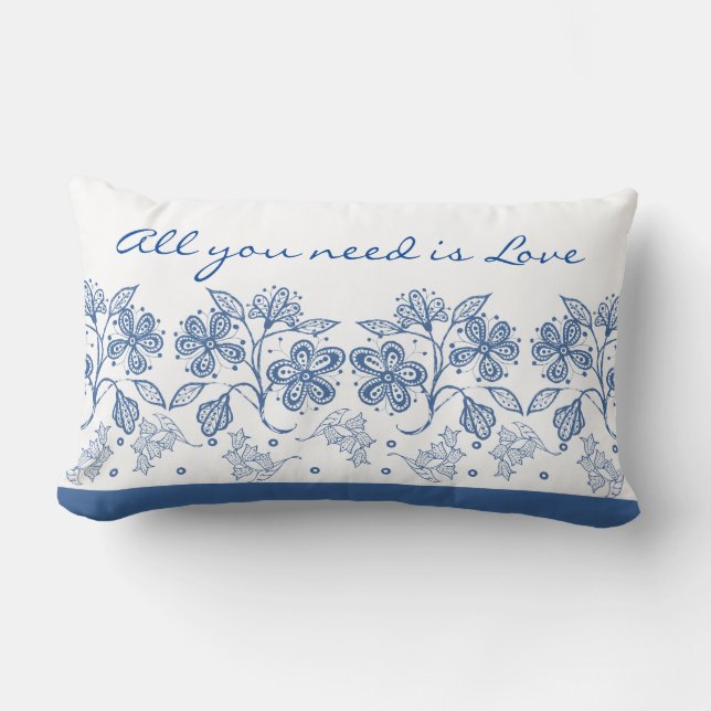 Romantic Love Text Indigo Blue Floral Border Lumbar Pillow (Front)