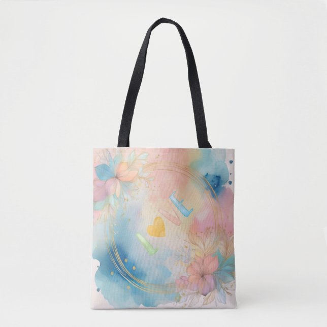 Romantic "Love" Watercolor Floral Design Tote Bag (Front)
