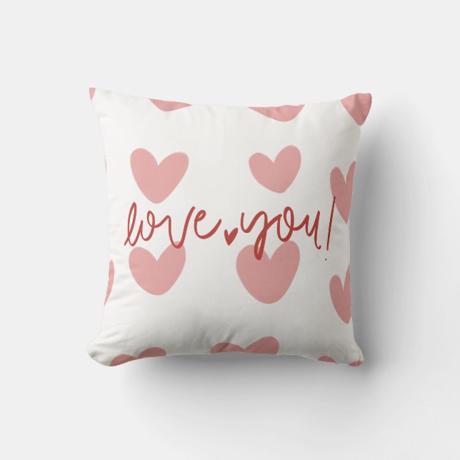 Romantic "Love You" Pink Hearts Gingham Pattern Th Throw Pillow (Front)