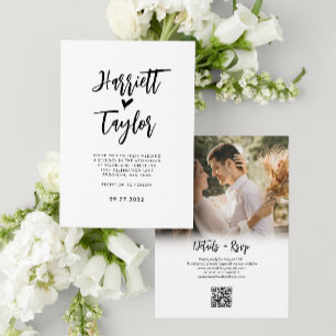 Romantic Lovely Heart Script Photo QR Code Wedding Invitation