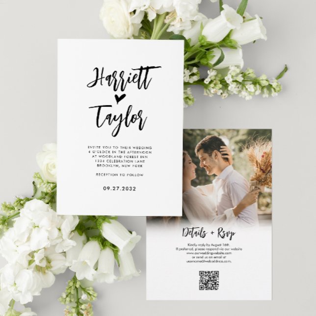 Romantic Lovely Heart Script Photo QR Code Wedding Invitation (Creator Uploaded)