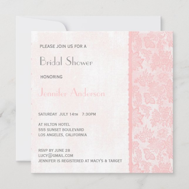 Romantic Lovely Pink Lace Bridal Shower Invitation (Front)