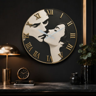 Romantic Lovers Modern Black & White Kiss Art  Large Clock