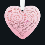 Romantic Lovers Vow Calligraphy Heart Ornament<br><div class="desc">A keepsake ornament for weddings, engagements, or anniversaries, featuring a romantic calligraphy design that spirals into a heart shape, made entirely from a poetic vow between lovers. The lettering flows in warm burgundy and rose across a soft pink gradient, creating a striking visual with timeless emotional depth. Customized with the...</div>