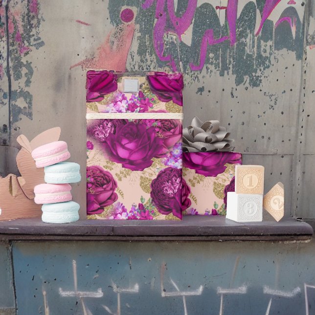 Romantic Magenta Roses and Gold Leaves on Peach Wrapping Paper (Creator Uploaded)