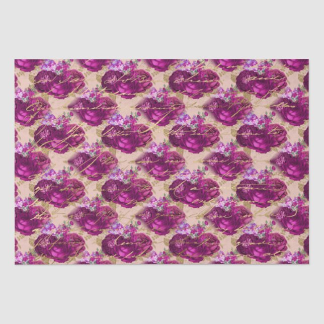 Romantic Magenta Roses with Gold Writing on Peach Tissue Paper (Front)