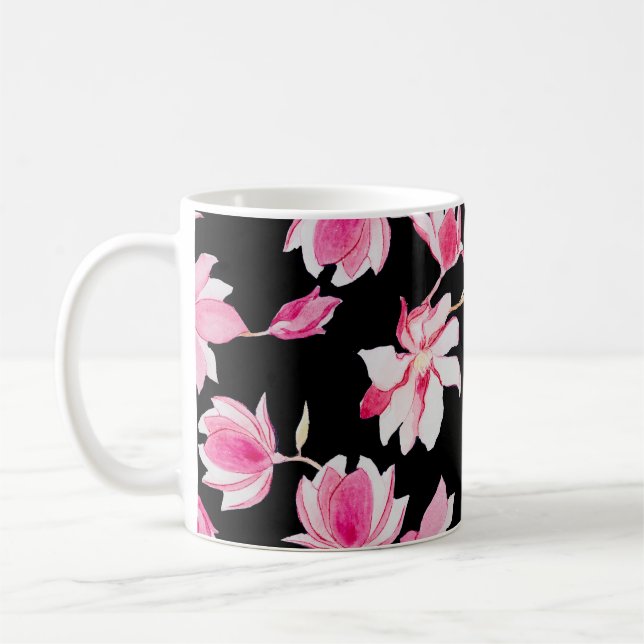 Romantic Magnolia: Black Watercolor Coffee Mug (Left)
