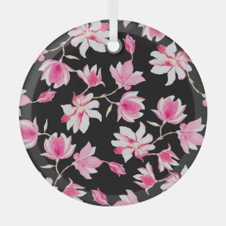 Romantic Magnolia: Black Watercolor Glass Ornament