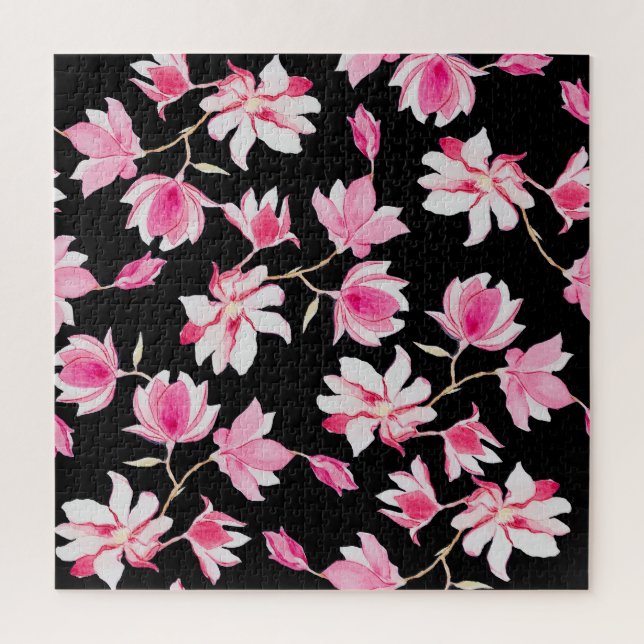 Romantic Magnolia: Black Watercolor Jigsaw Puzzle (Vertical)