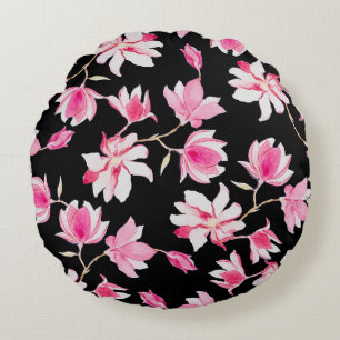 Romantic Magnolia: Black Watercolor Round Pillow