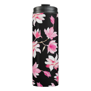 Romantic Magnolia: Black Watercolor Thermal Tumbler